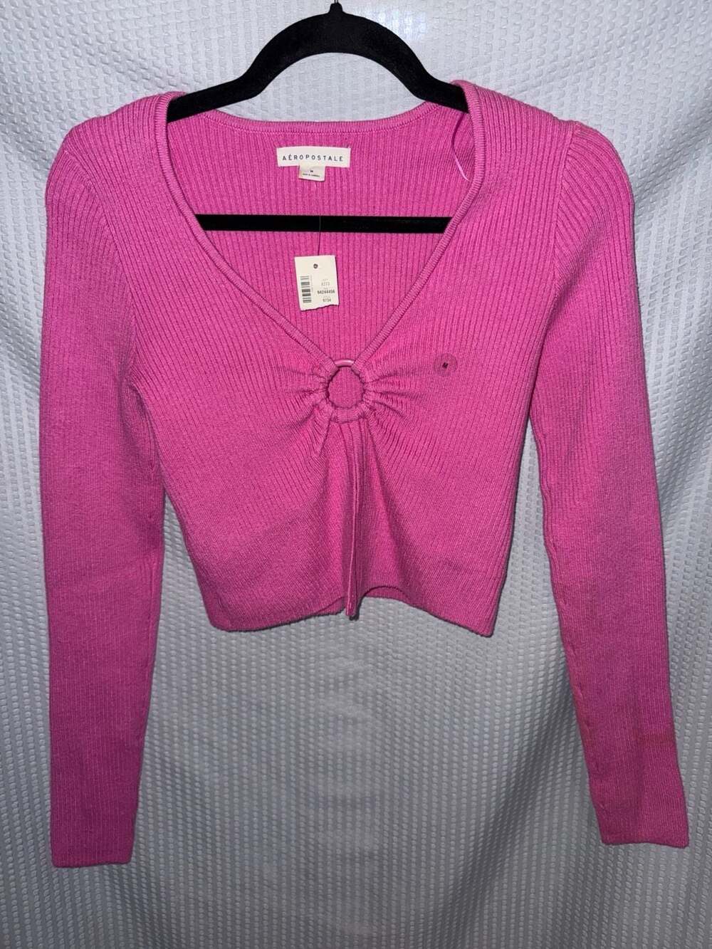 Aeropostale Pink Ribbed V-Neck Cropped Sweater with Ring Detail